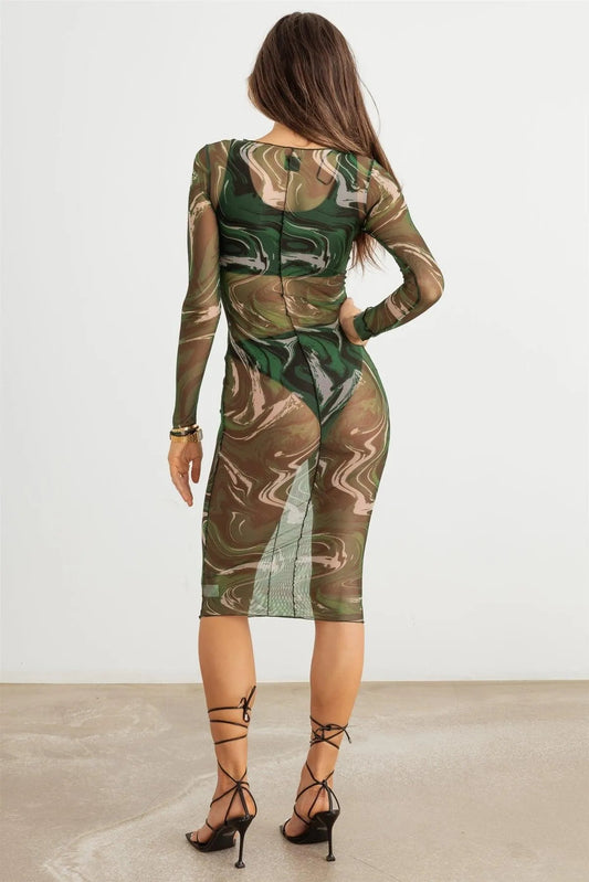 Abstract Mesh Stitch Detail Coverup Midi Dress