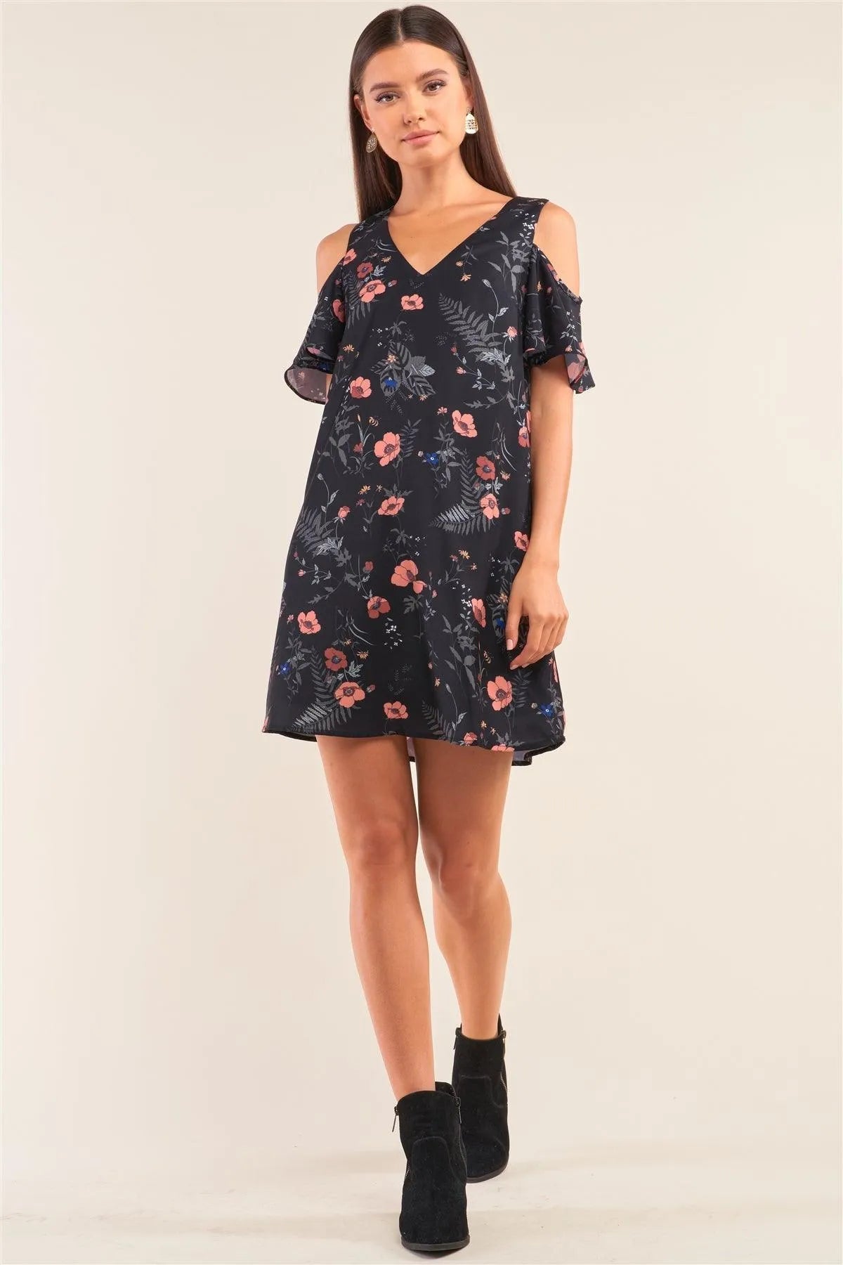 Black Floral Print Cut-Out Shoulder Mini Dress