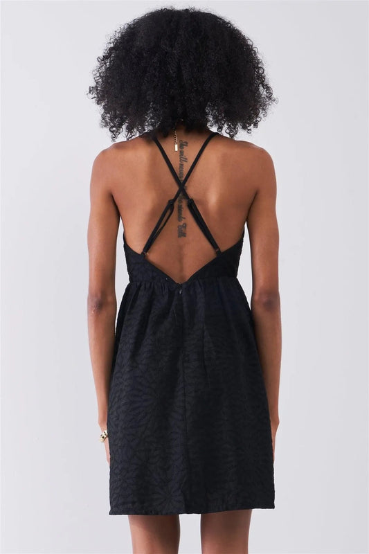 Black Geometric Embroidery V-Neck Sleeveless Criss-Cross Back Mini Dress /1-1-2