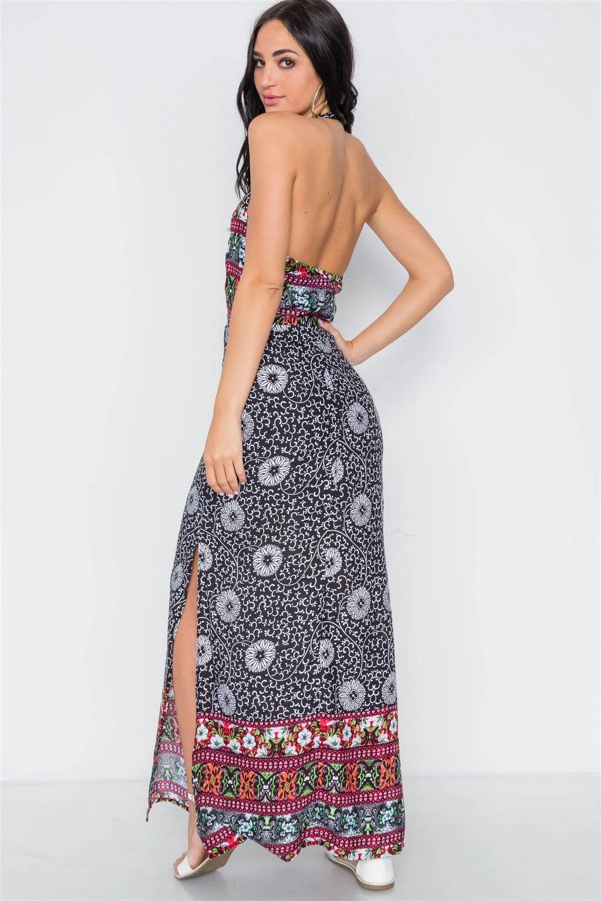 Black Floral Paisley Print Site Slit Maxi Dress /2-2-2