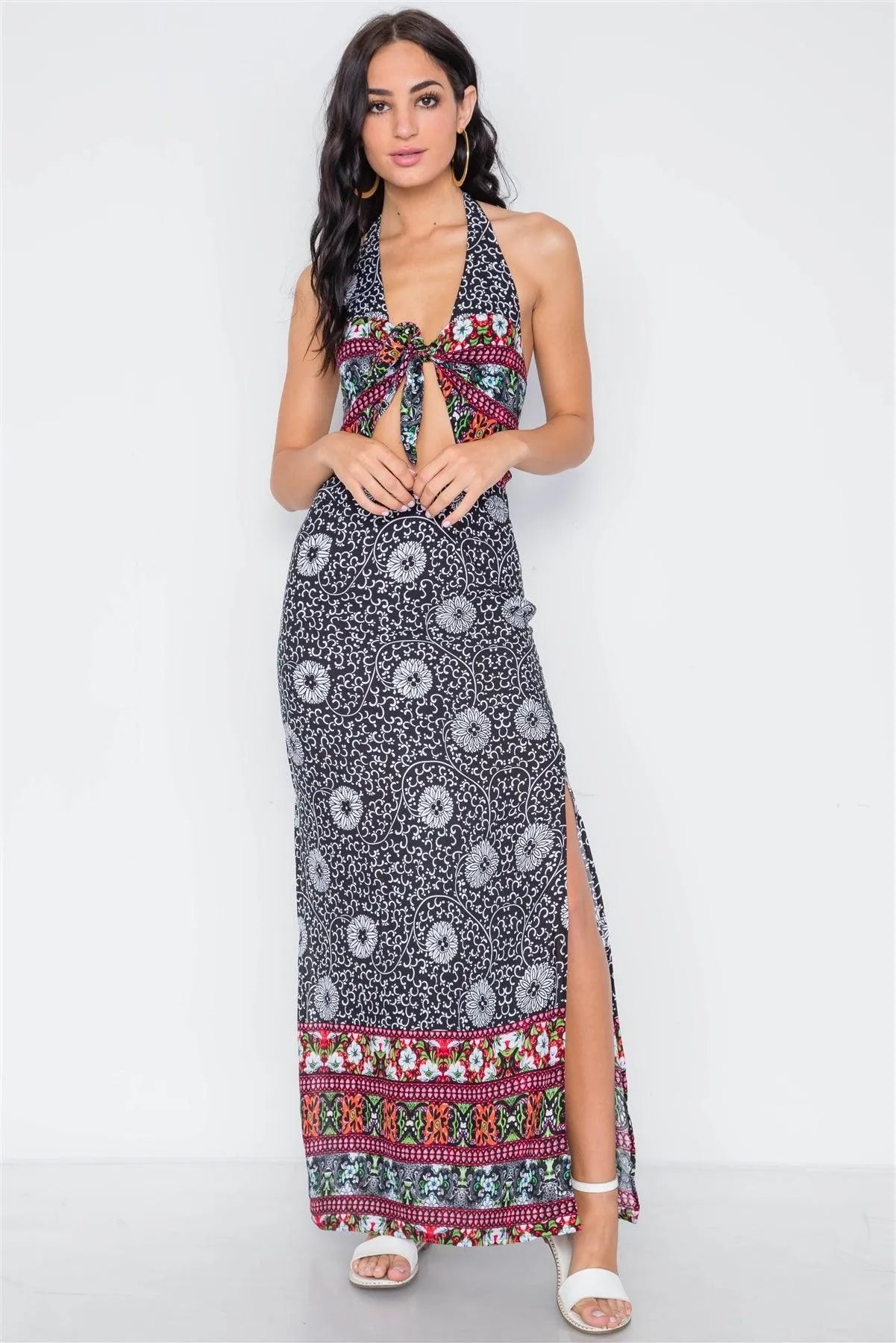 Black Floral Paisley Print Site Slit Maxi Dress
