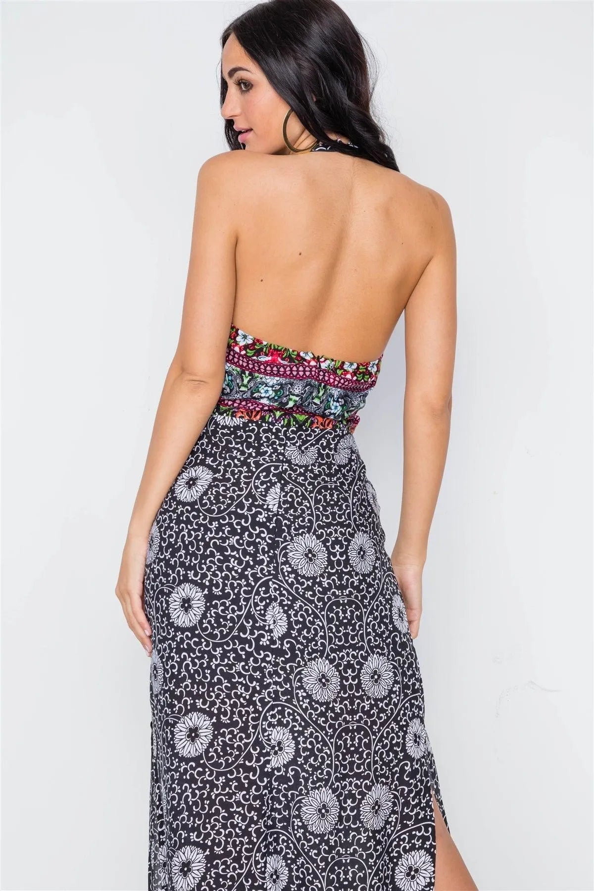 Black Floral Paisley Print Site Slit Maxi Dress