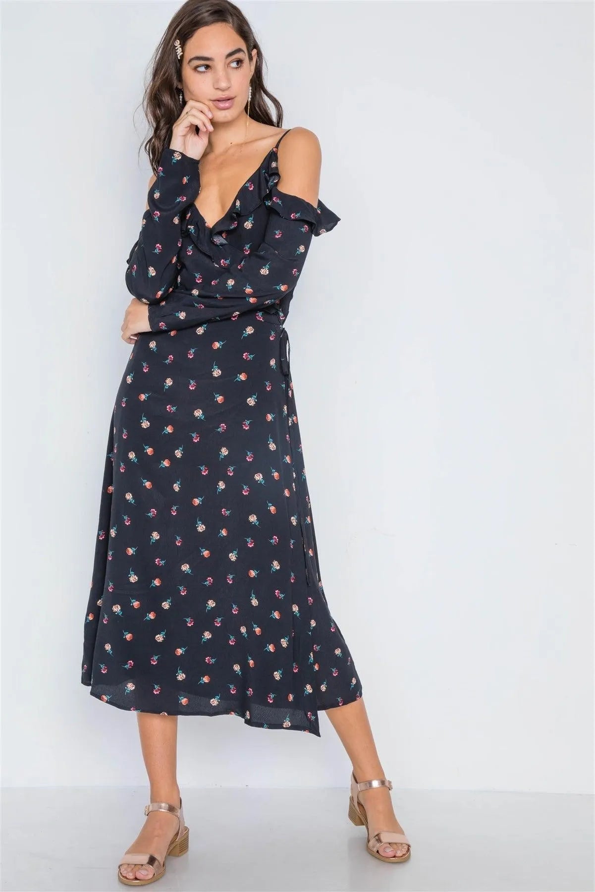 Black Floral Cold Shoulder Mid Wrap Dress /2-2-2