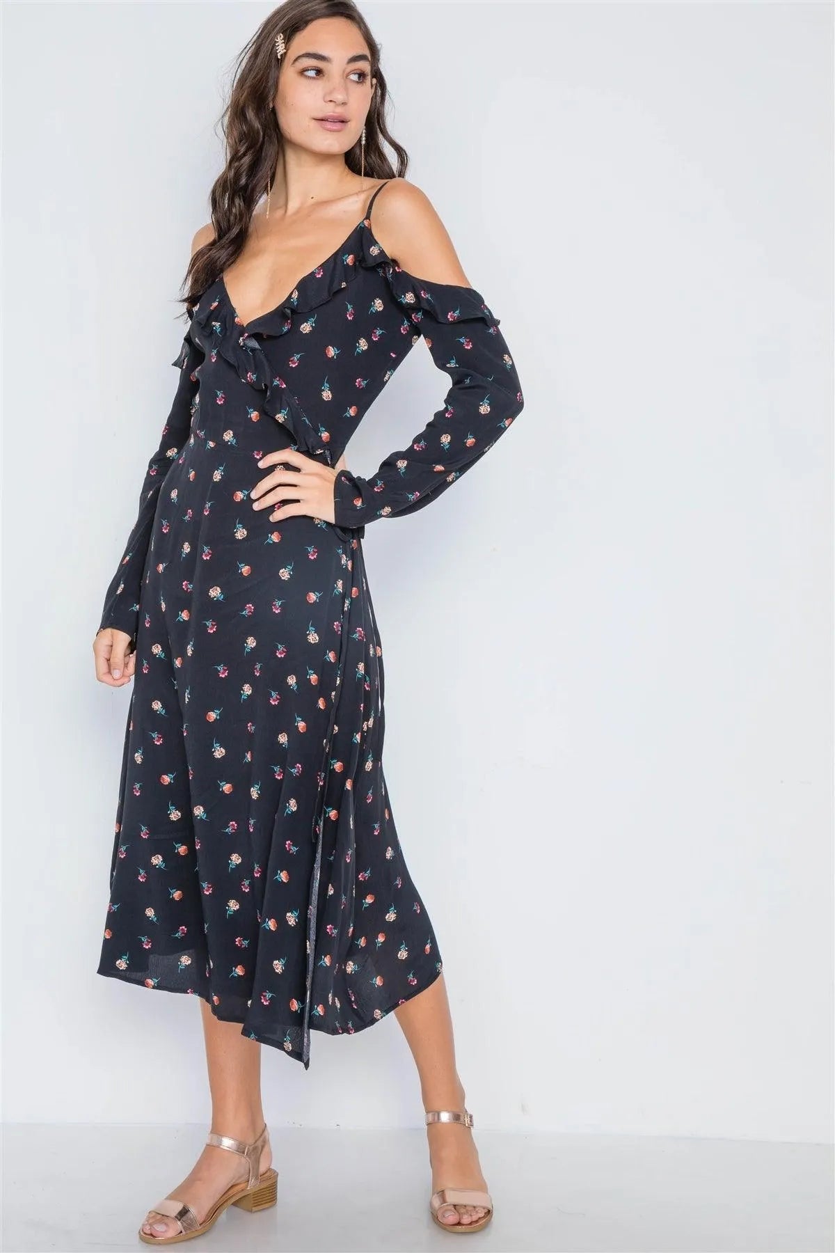 Black Floral Cold Shoulder Mid Wrap Dress /2-2-2