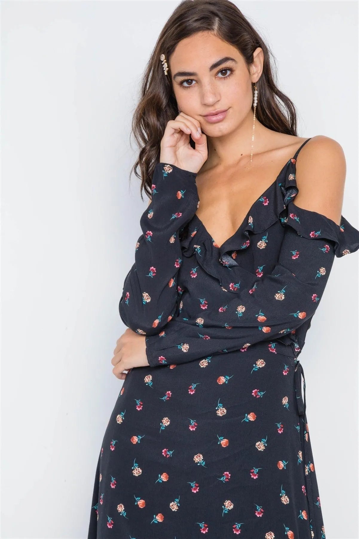 Black Floral Cold Shoulder Mid Wrap Dress /2-2-2