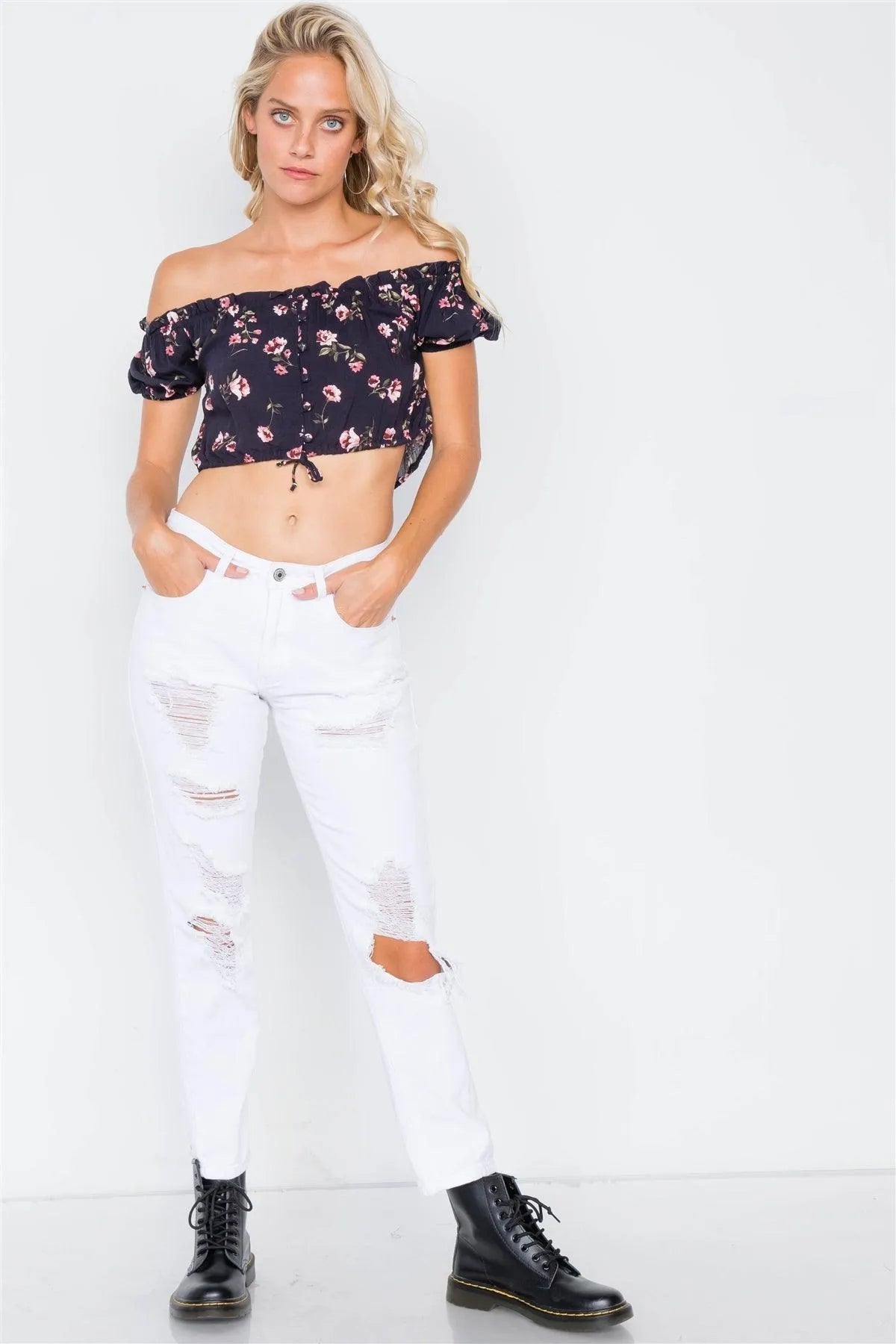 Black Boho Floral Off-The-Shoulder Flounce Trim Crop Top /3-2-1