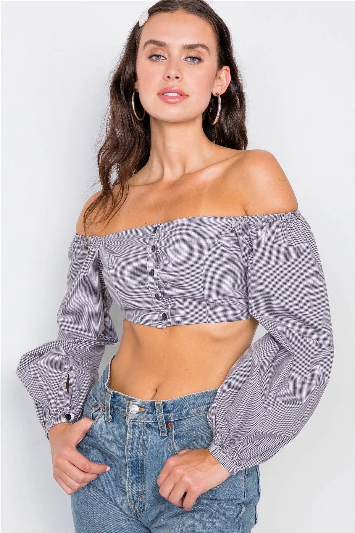 Black & White Micro Plaid Puff Sleeve Crop Top /3-2-1