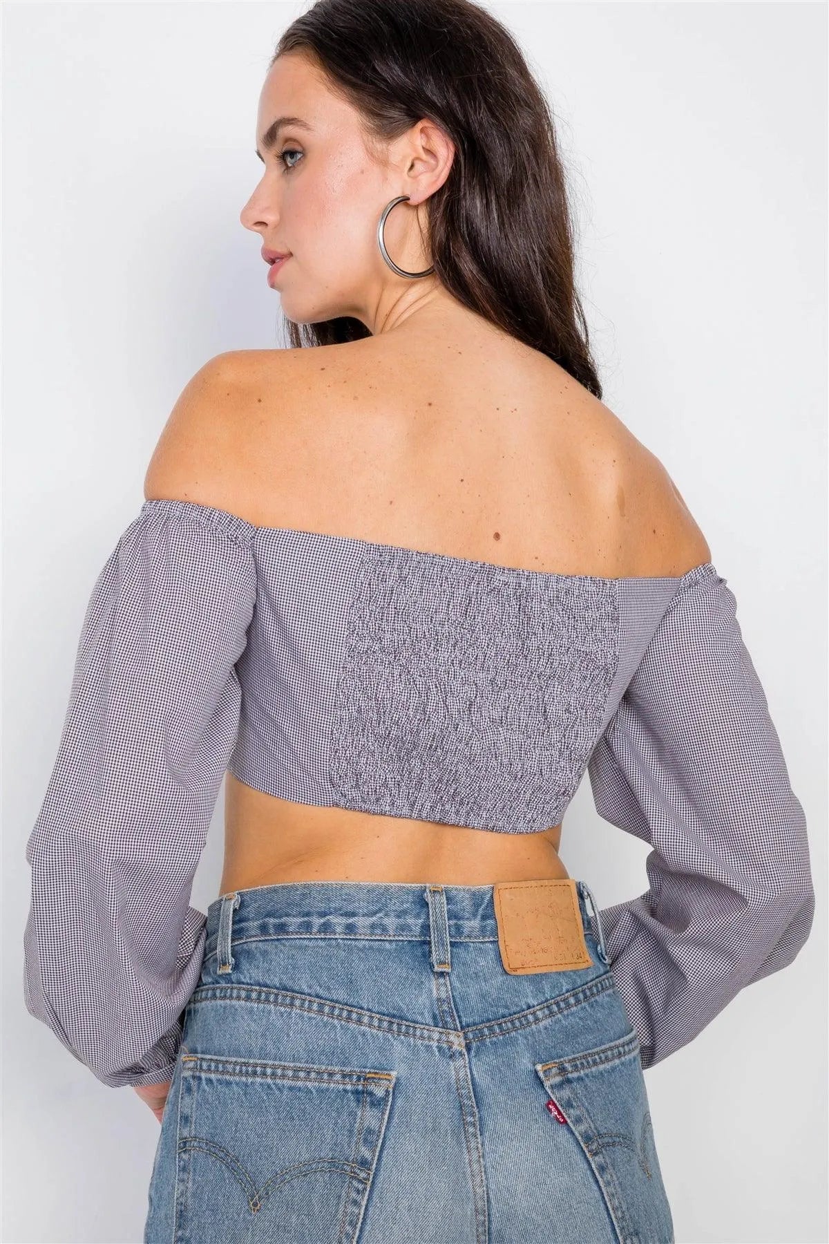 Black & White Micro Plaid Puff Sleeve Crop Top /3-2-1