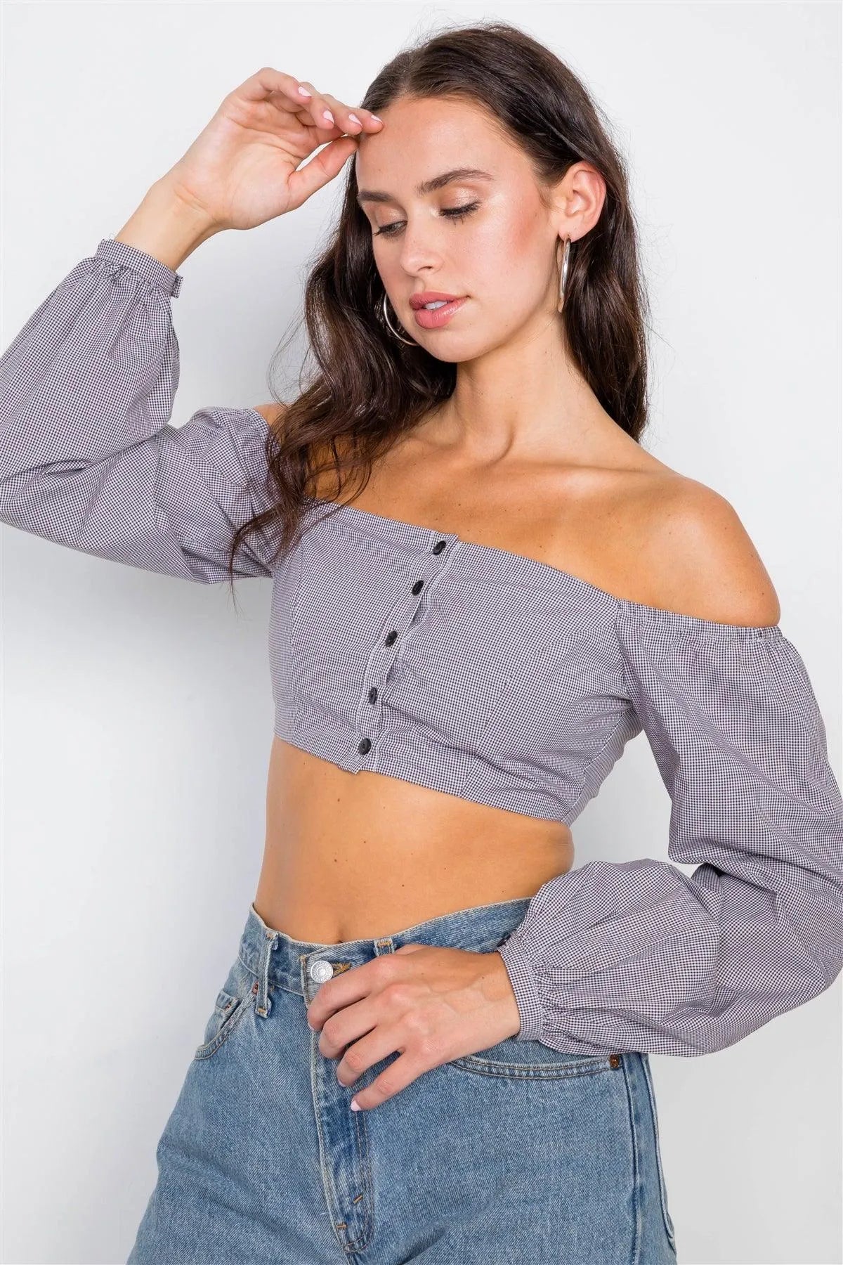 Black & White Micro Plaid Puff Sleeve Crop Top /3-2-1