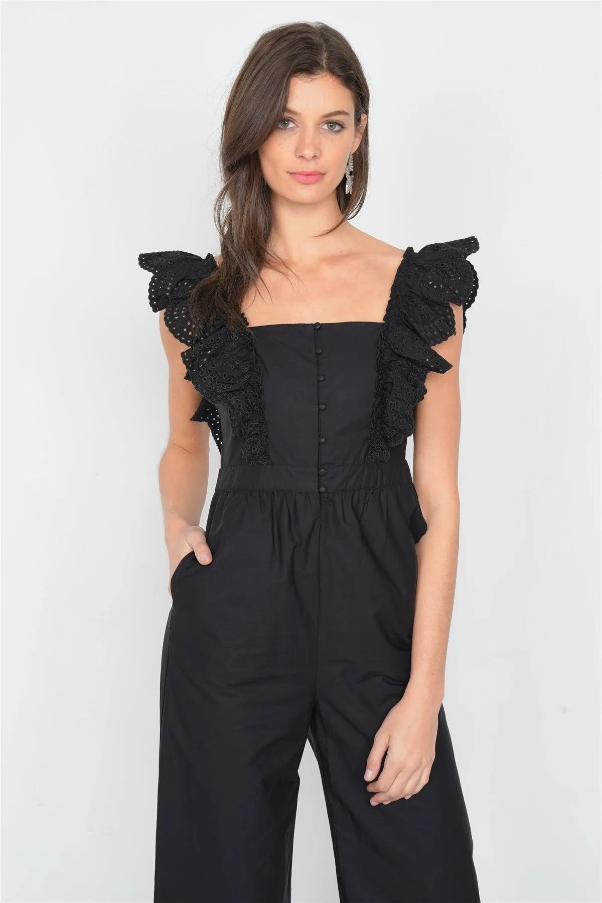 Black Cotton Eyelet Flounce Trim Wide Leg Jumpsuit /3-2-1