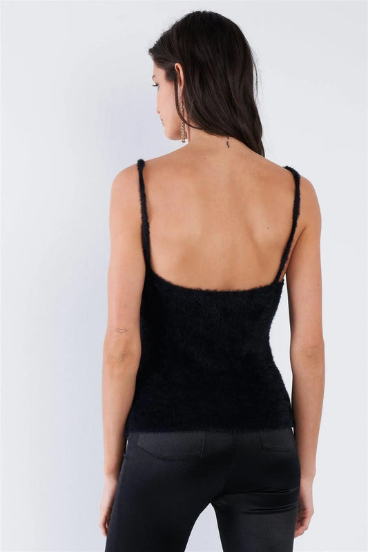 Black Hairy Ribbed V-Neck Spaghetti Strap Tank Top /3-2-1