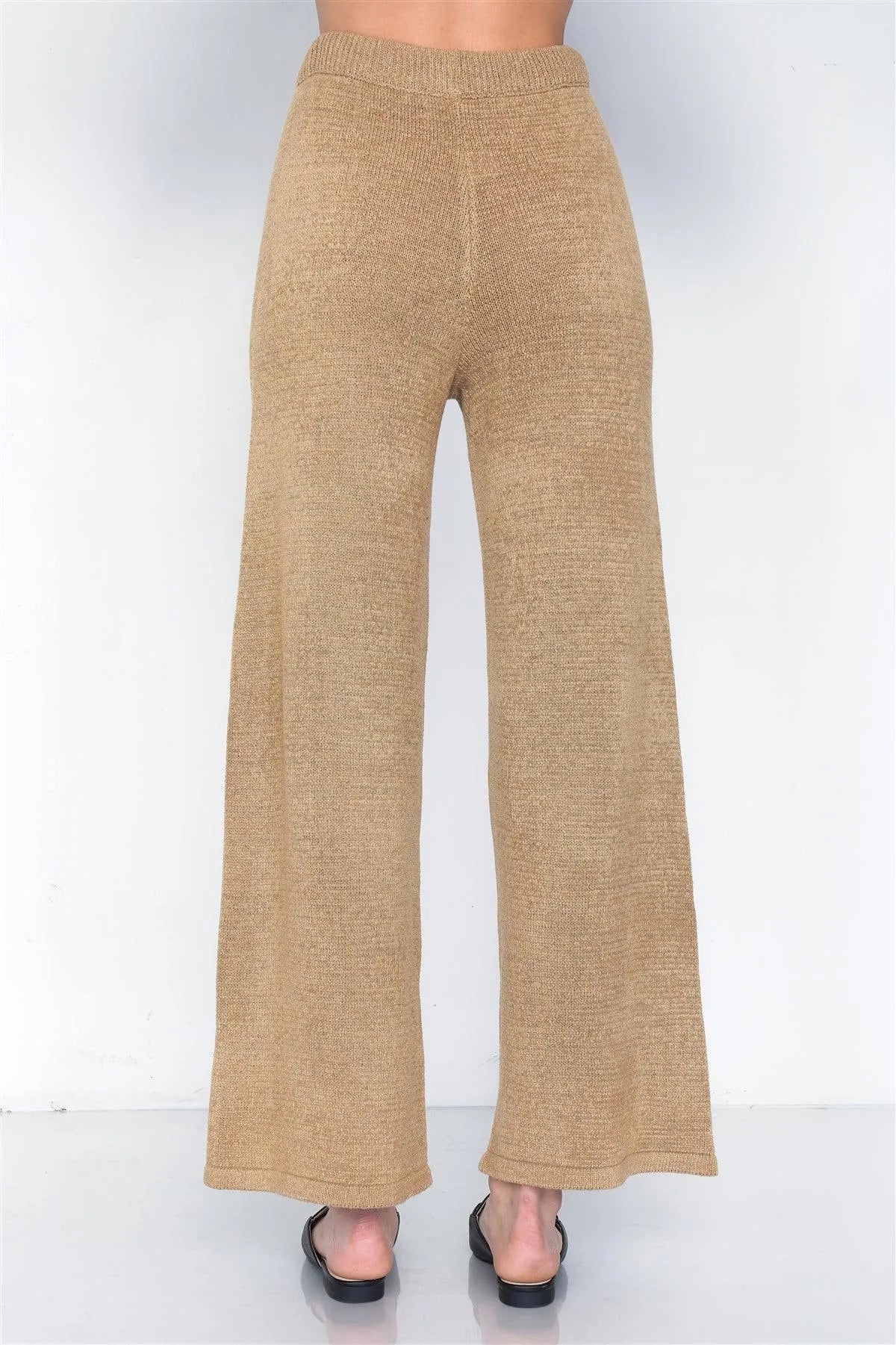 Beige Knit V-Neck Relaxed Fit Sweater & Flare Leg Pant Set   /3-2-1