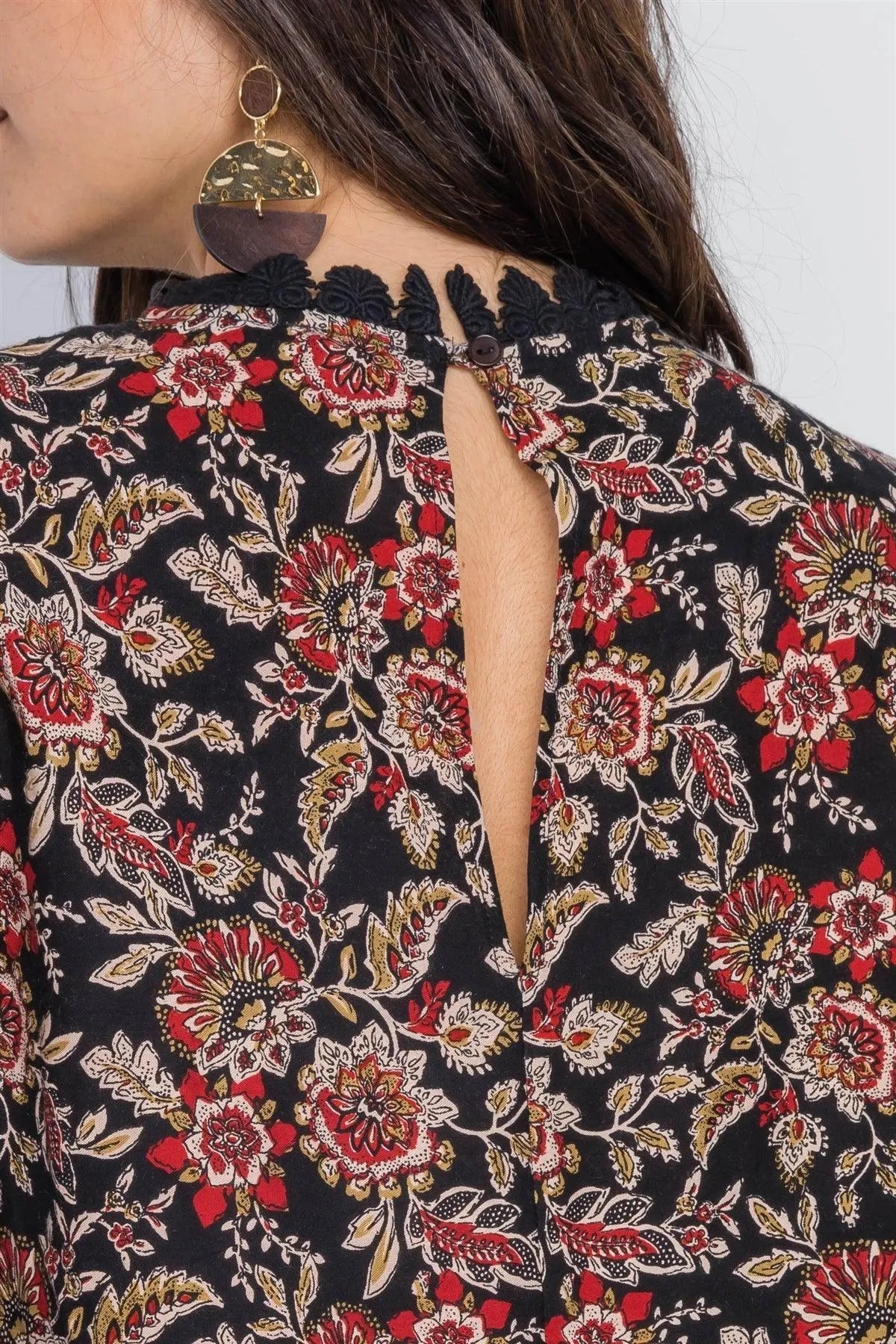 Black Floral Print Crochet Trim Mini Dress /2-2-2