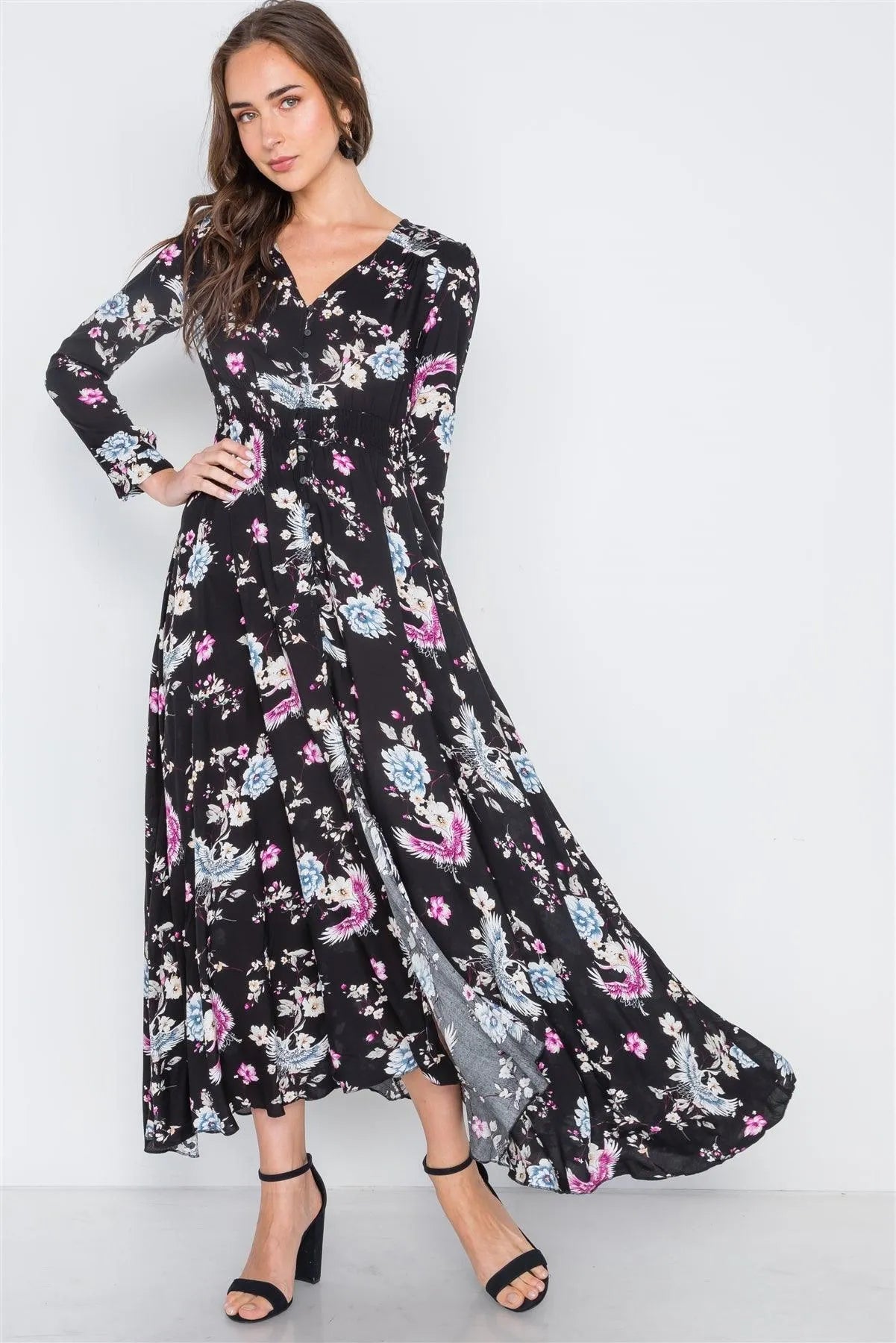 Black Floral Button Down Long Sleeve Maxi Dress /2-2-2