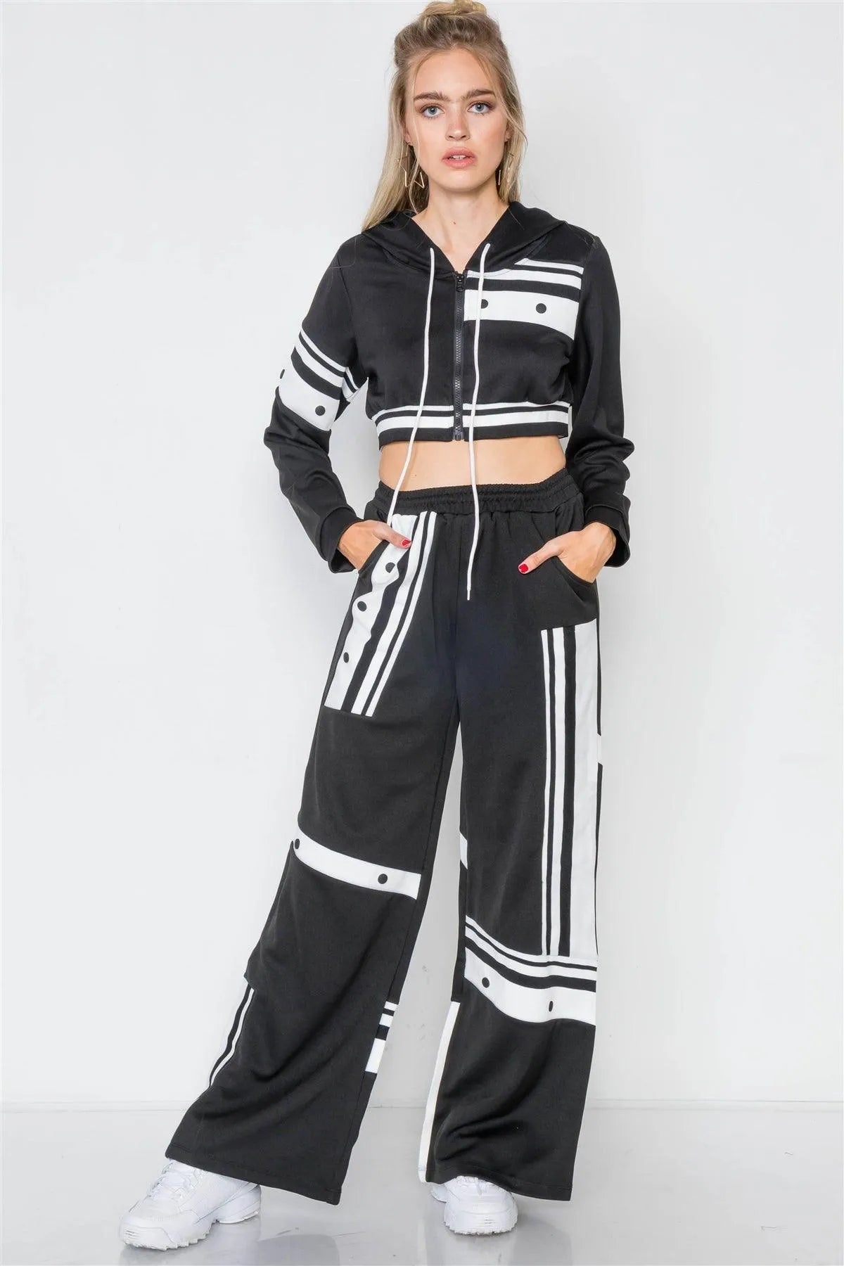 Black Knit Colorblock Crop Sweater Pant Set /2-2-2