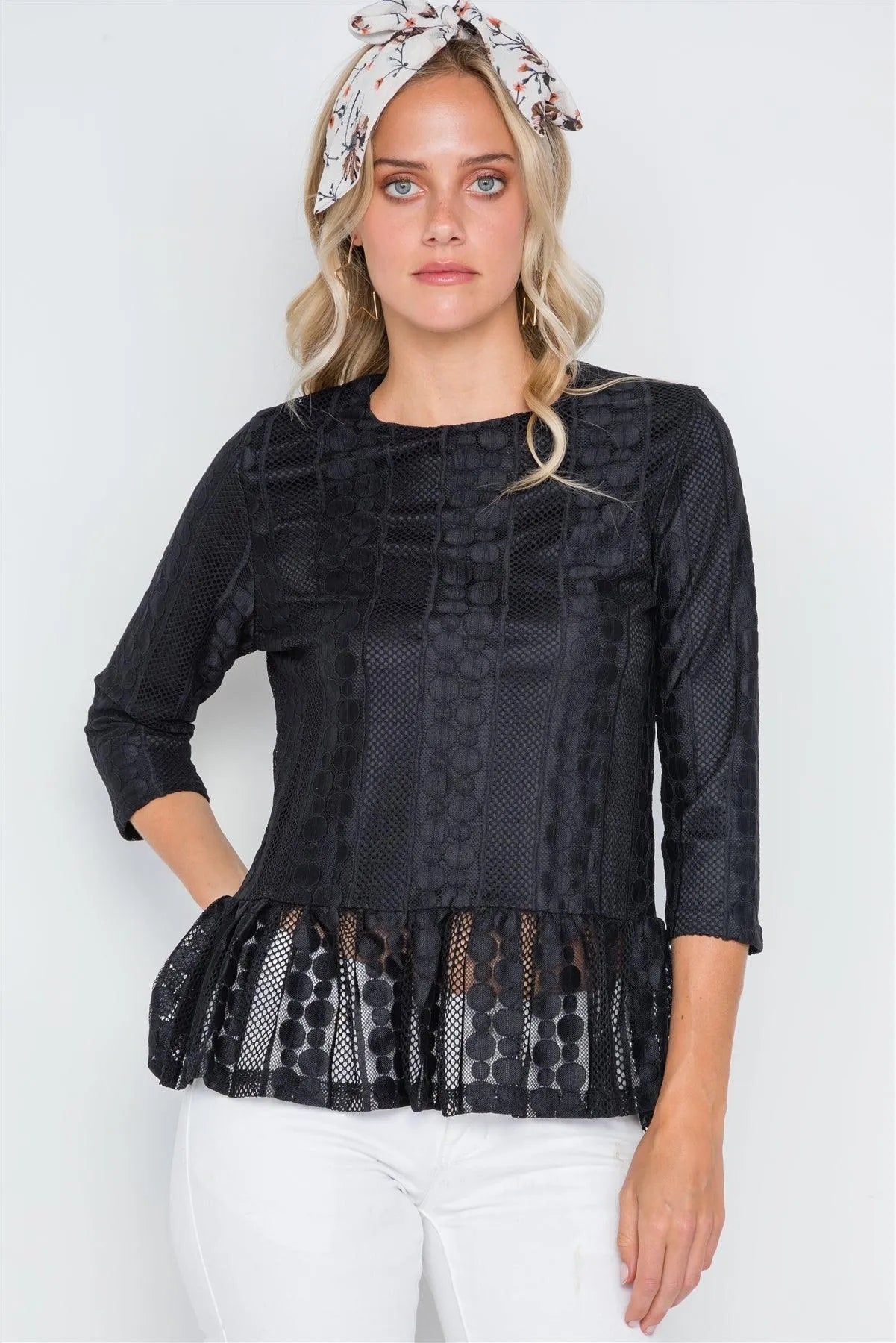 Black 3/4 Sleeve Multi Pattern Shirred Hem Top /1-2-2