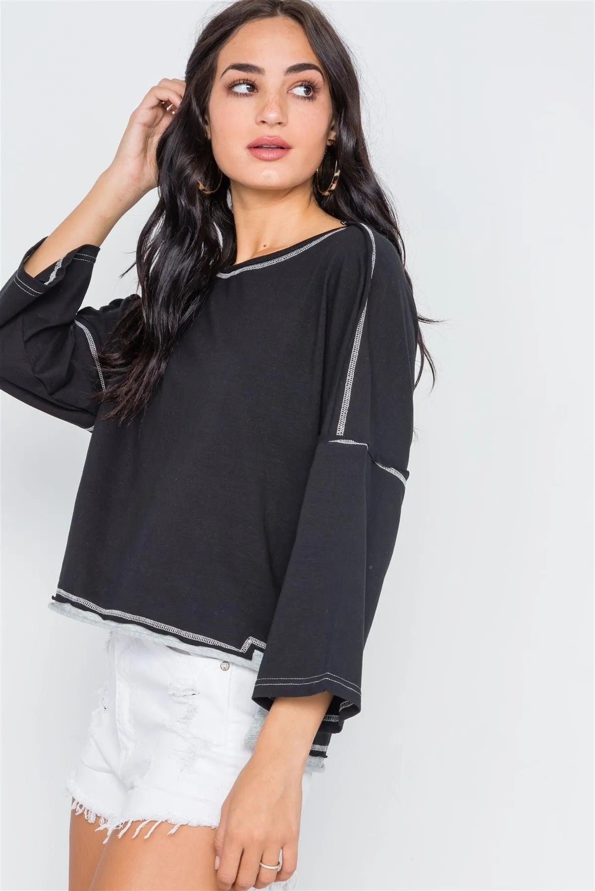 Black Grey Raw-Cut Loose Fit Tee Top /2-2-2