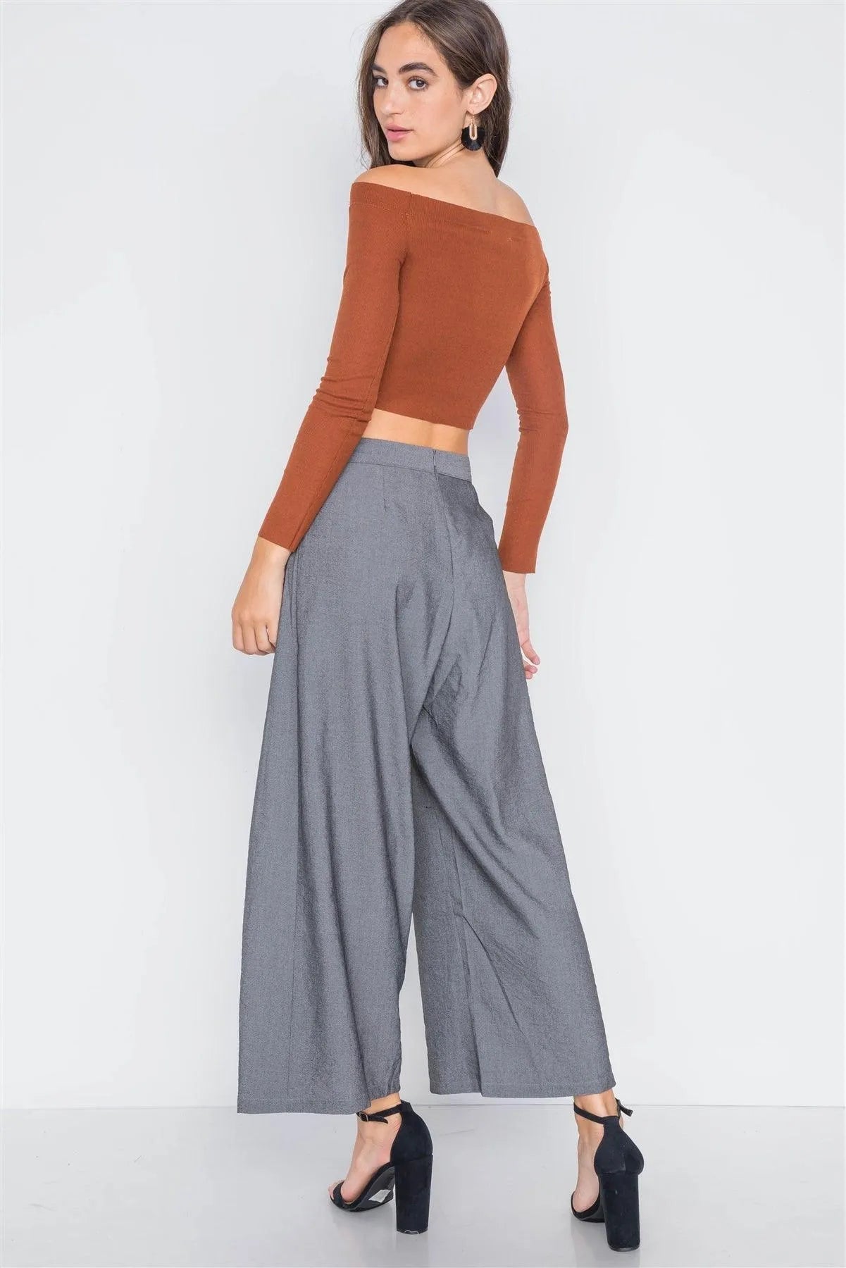 Ash Grey High-Waist Front-Tie Wide Leg Pants /3-2-1