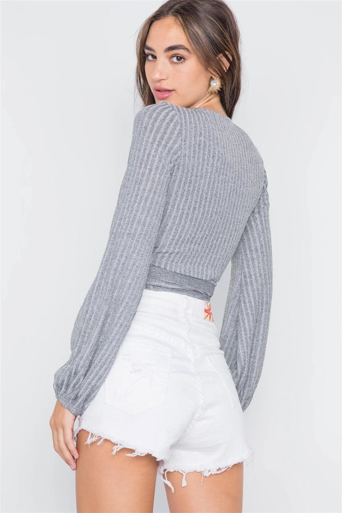 Ash Ribbed Long Sleeve Wrap Knit Crop Top /3-2-1