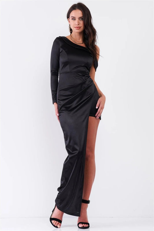 Black Glossy One-Shoulder Deep Side Slip Asymmetrical Wrap Collar Round Neck Maxi Dress /3-2-1
