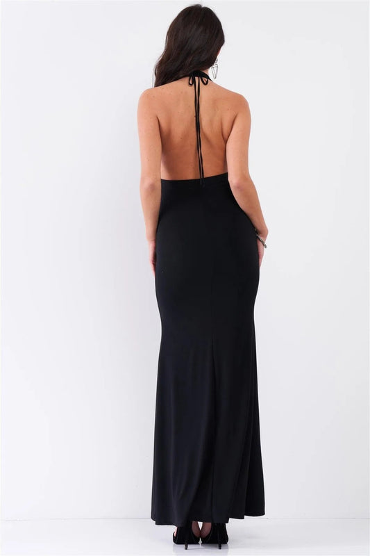 Black Halter Neck Front Cut Out Detail Ruched Self-Tie Long Straps Open Back Mermaid Maxi Dress