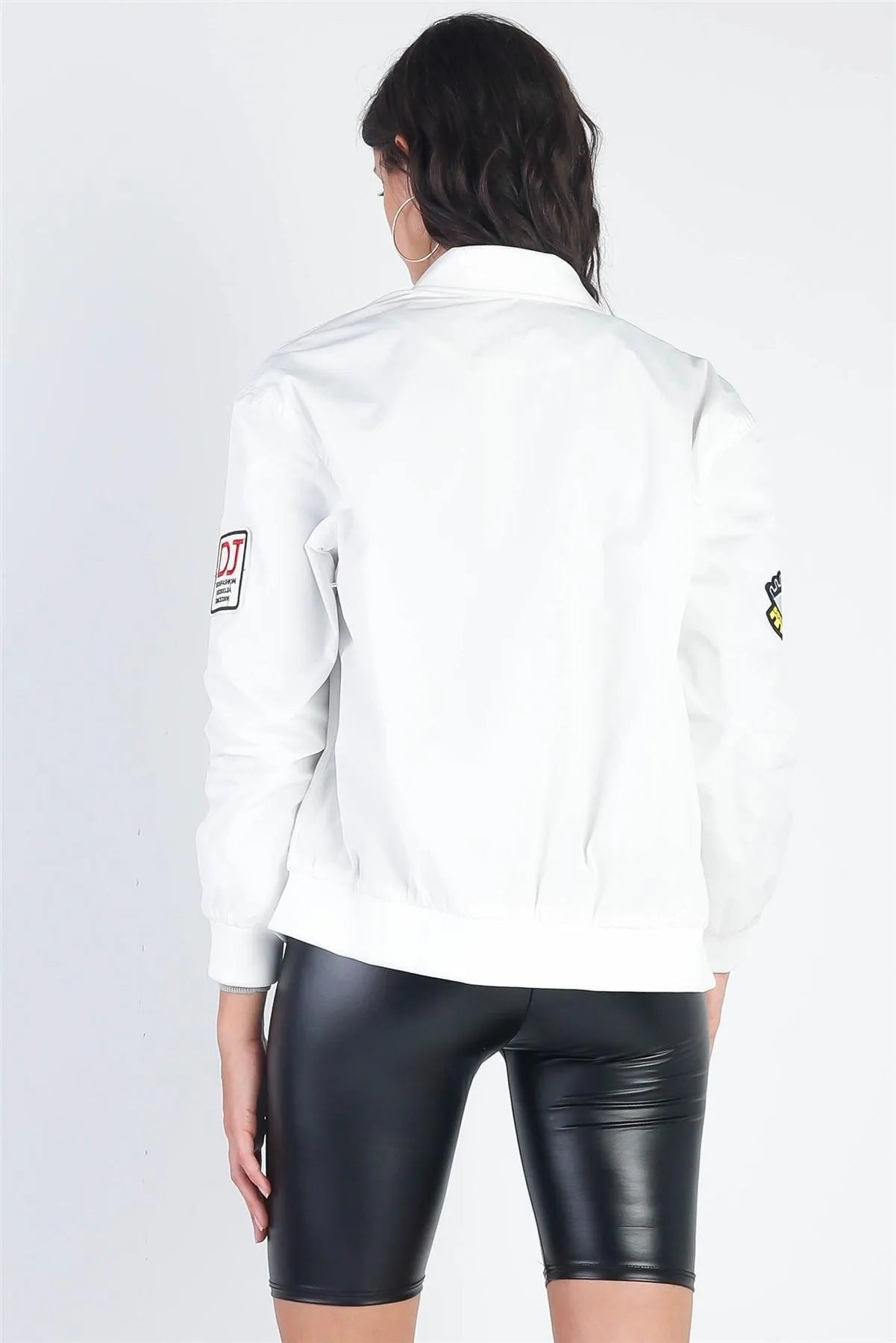 Aviator White Retro Patches Long Sleeve Bomber Jacket /1-2