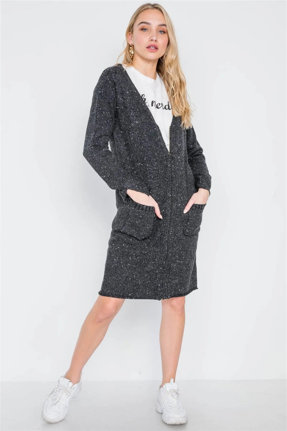 Black Heathered Long Sleeve Zip-Up Cardigan /2-2