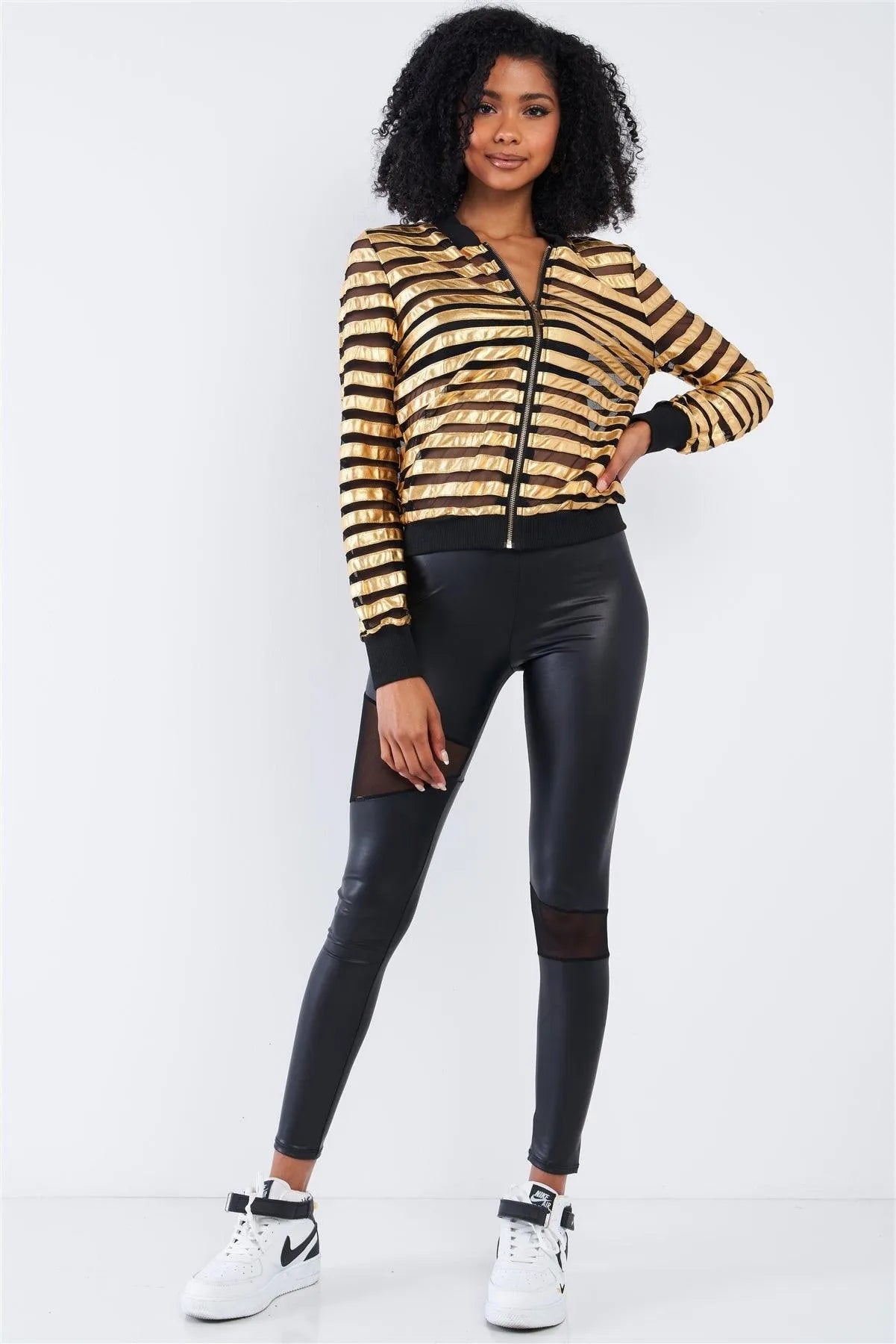 Black And Gold Horizontal Stripe Semi-Sheer Mesh Throw On Jacket /2-2-2