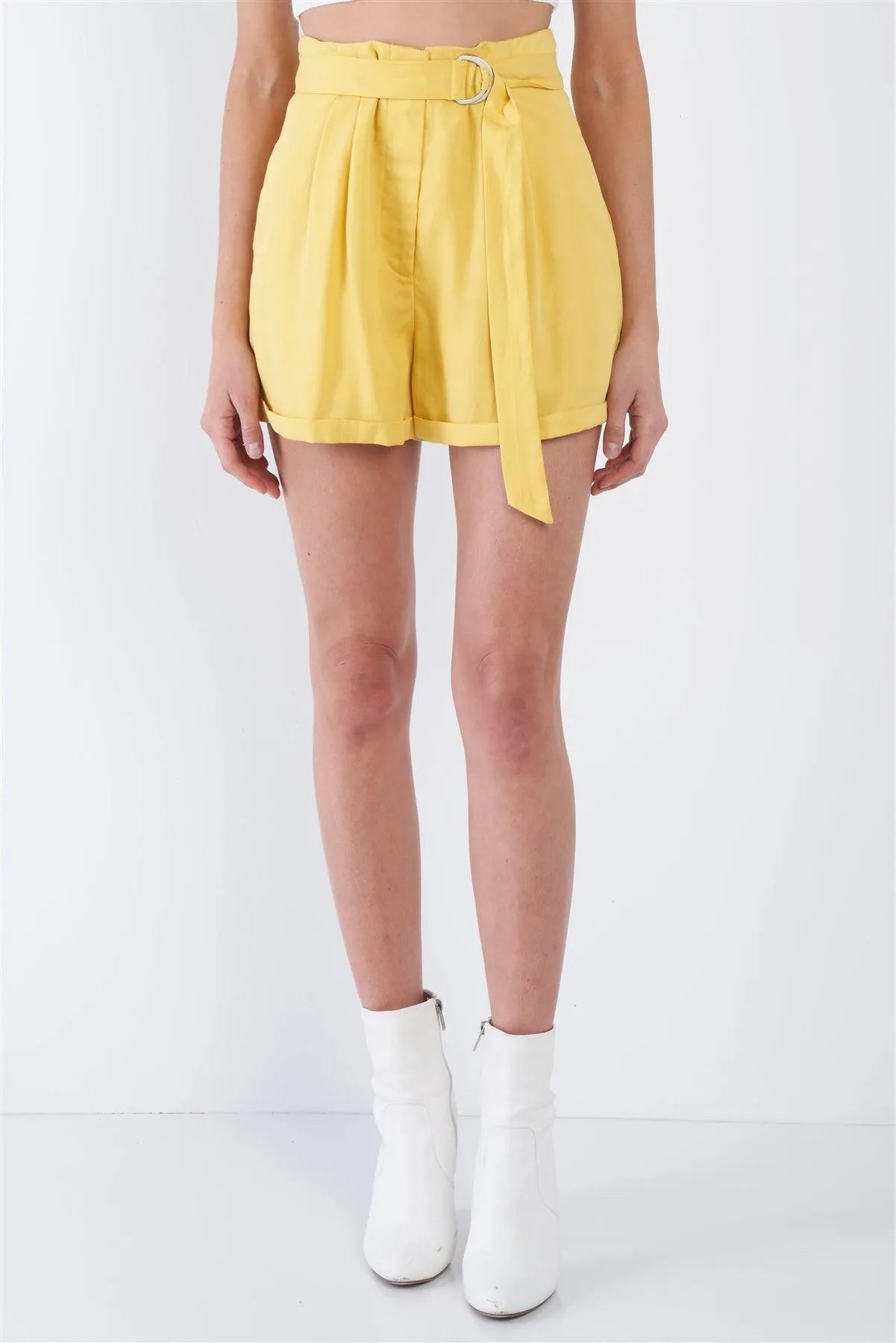 Banana Yellow High Waist Tie Sash Pleated Cuffed Hem Mini Shorts /4-2-1