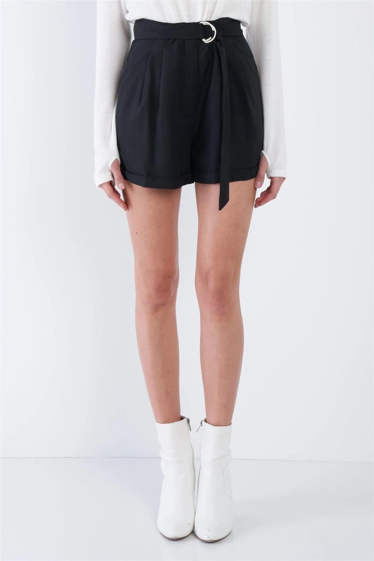 Black High Waist Tie Sash Pleated Cuffed Hem Mini Shorts /4-2-1