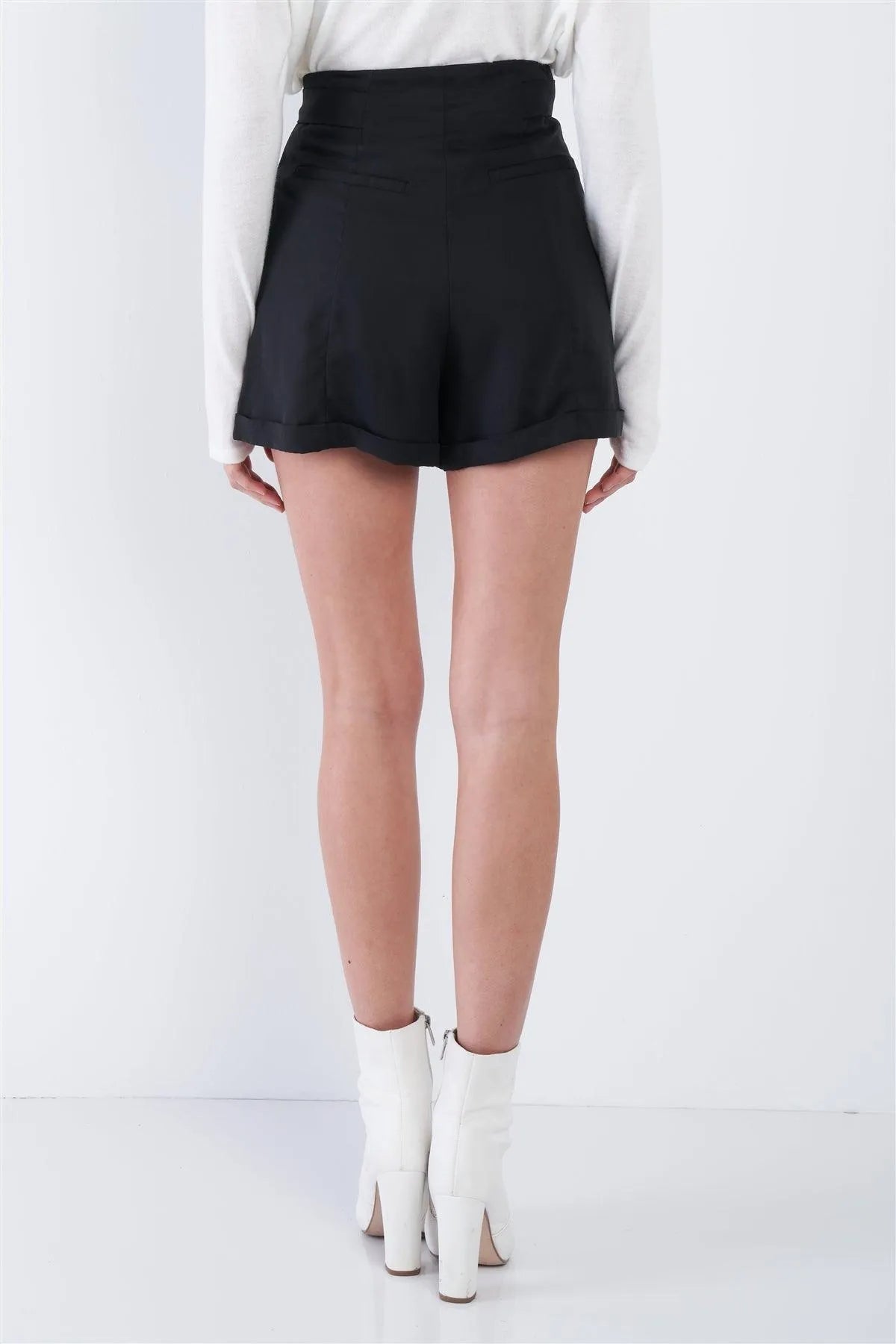 Black High Waist Tie Sash Pleated Cuffed Hem Mini Shorts /4-2-1