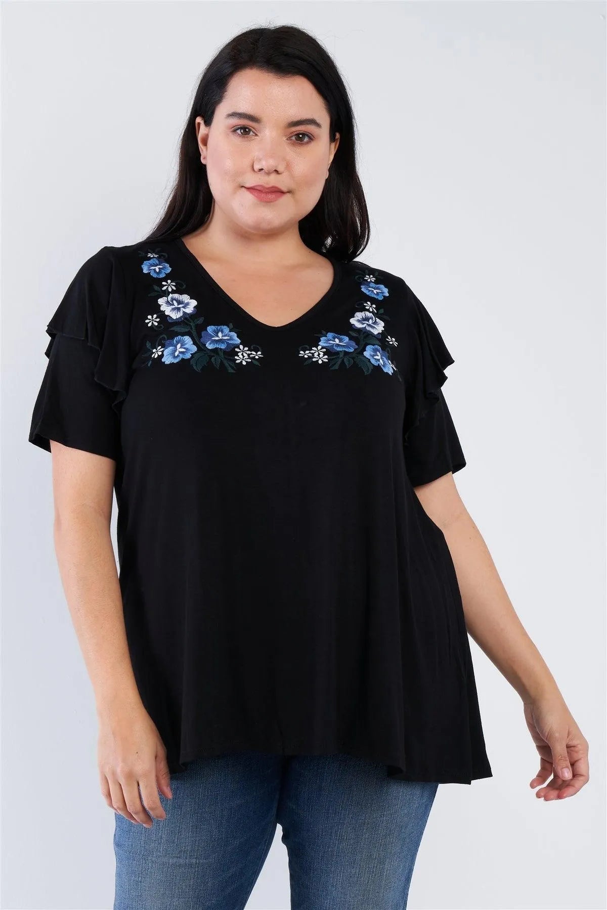 Black Floral Embroidered Plus Size Top /1-4-1