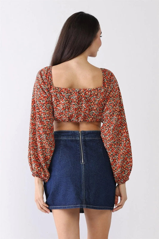 Black & Red & Ditsy Floral Ruched Square Neck Puff Balloon Long Sleeve Crop Top /1-2-2-1