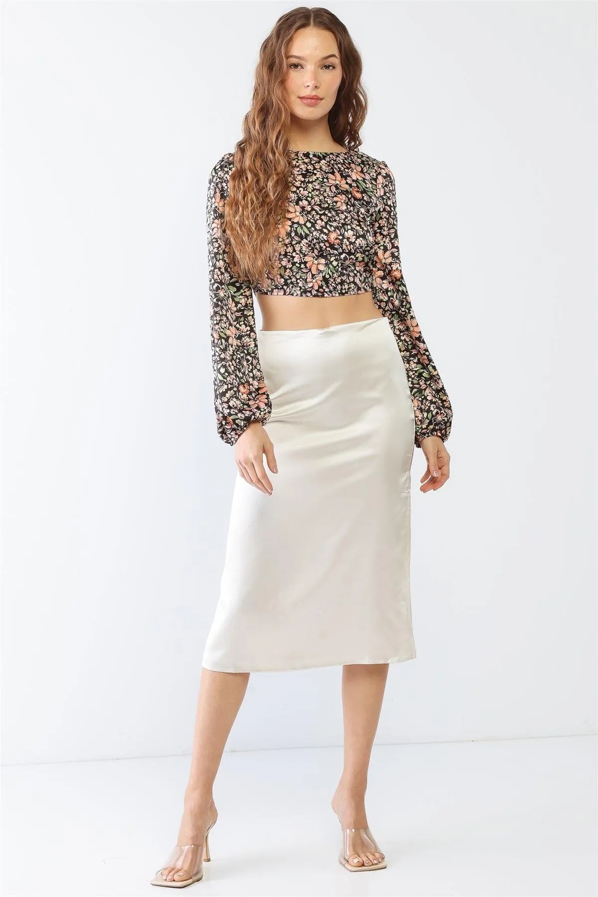 Black & Peach Floral Print Long Sleeve Criss-Cross Open Back Crop Top /1-2-2-1