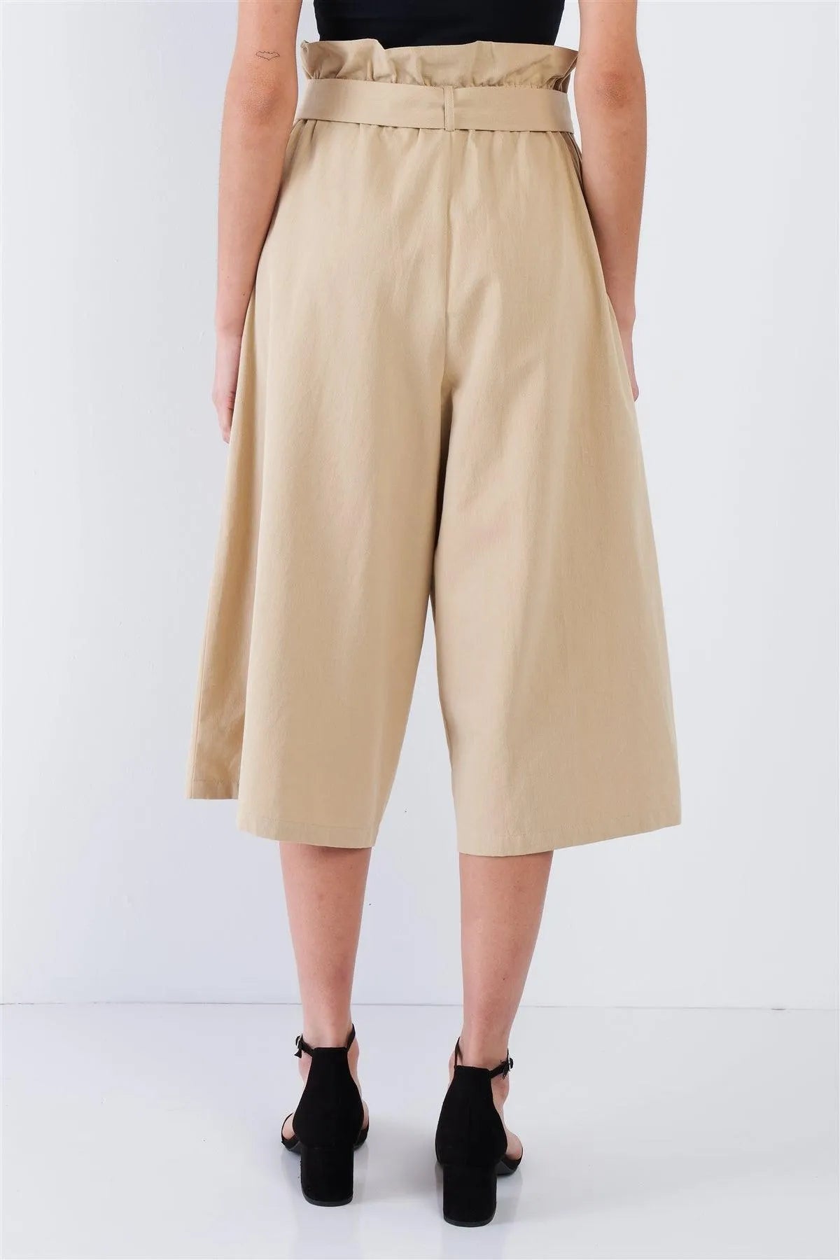 Beige Cotton Ruffle High Waist Wide Leg Gaucho Pants  /3-2-1