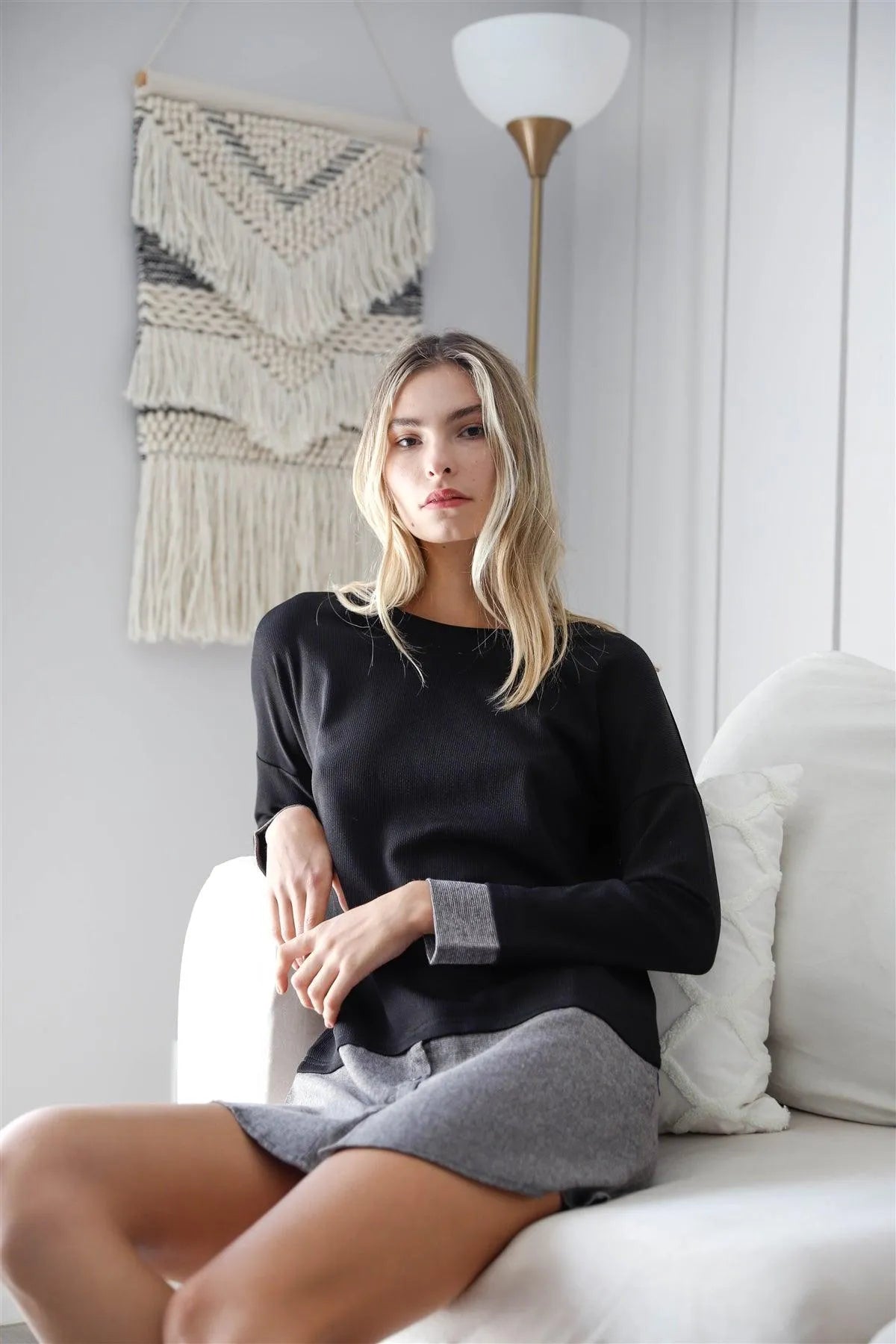 Black Knit Combo Long Sleeve Sweater Dress