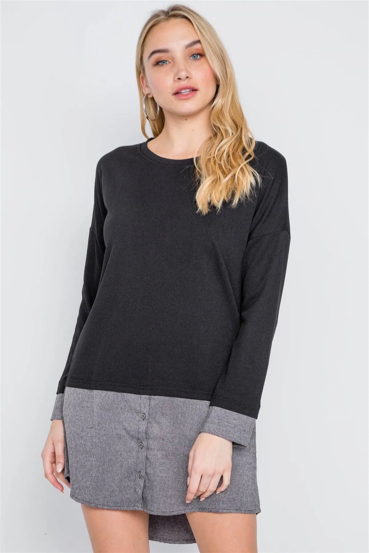 Black Knit Combo Long Sleeve Sweater Dress /1-3-2