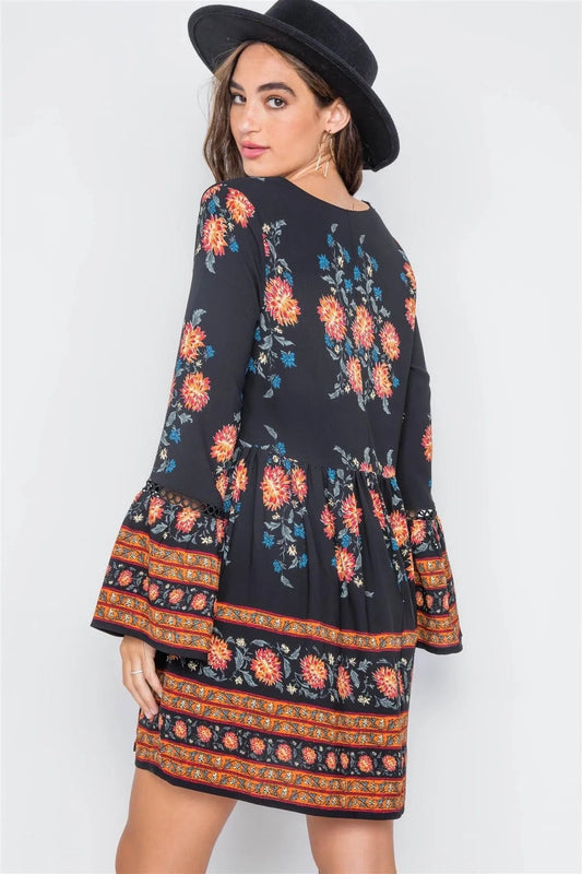 Black Floral Print V-Neck Loose Fit Boho Dress / 2-2-2