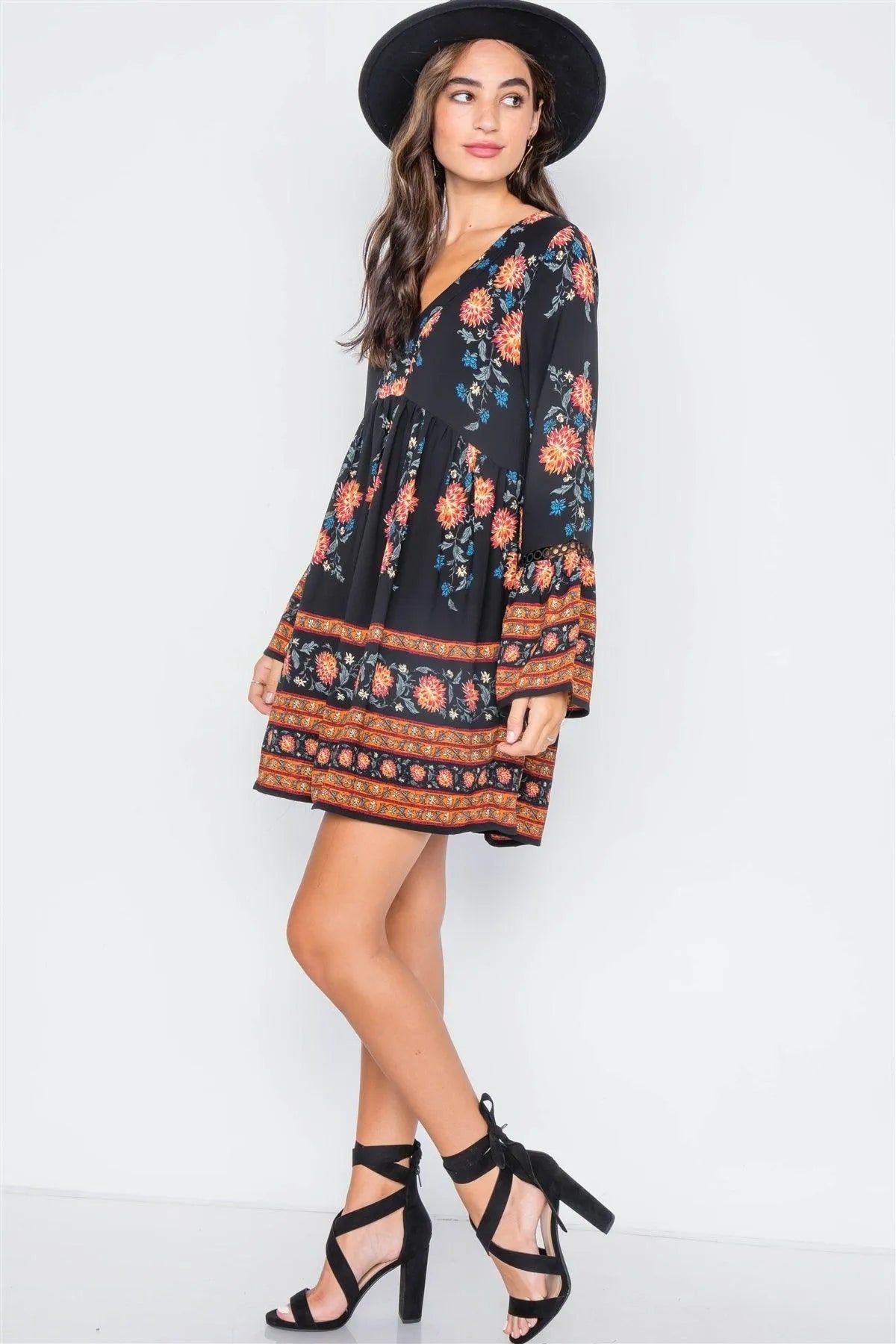Black Floral Print V-Neck Loose Fit Boho Dress / 2-2-2
