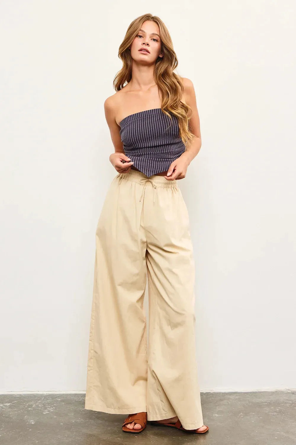 100% Cotton Elastic Waist Tie Front Wide Leg Palazzo Pants