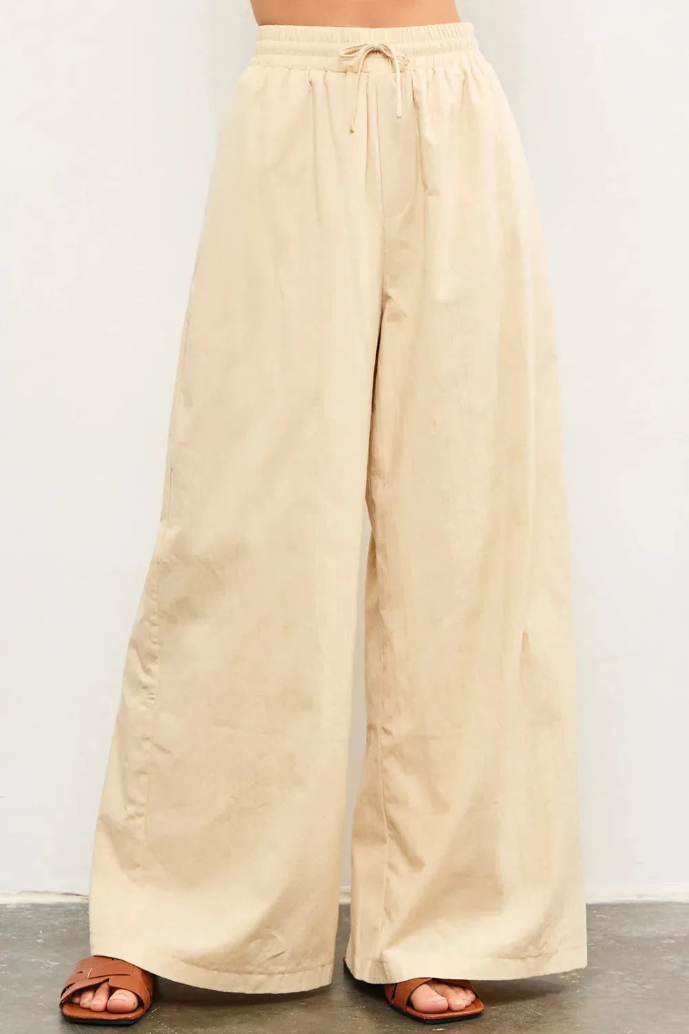 100% Cotton Elastic Waist Tie Front Wide Leg Palazzo Pants