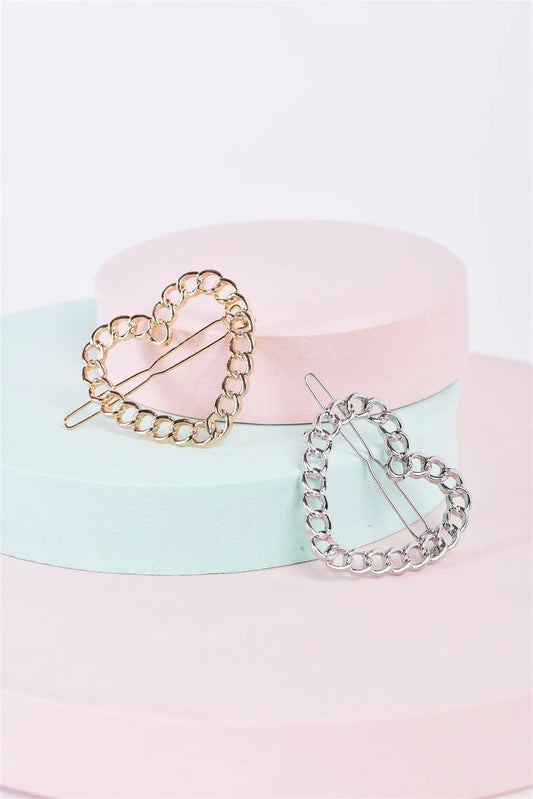 3pcs Silver Heart Chain Link Back Closure Hair Clip