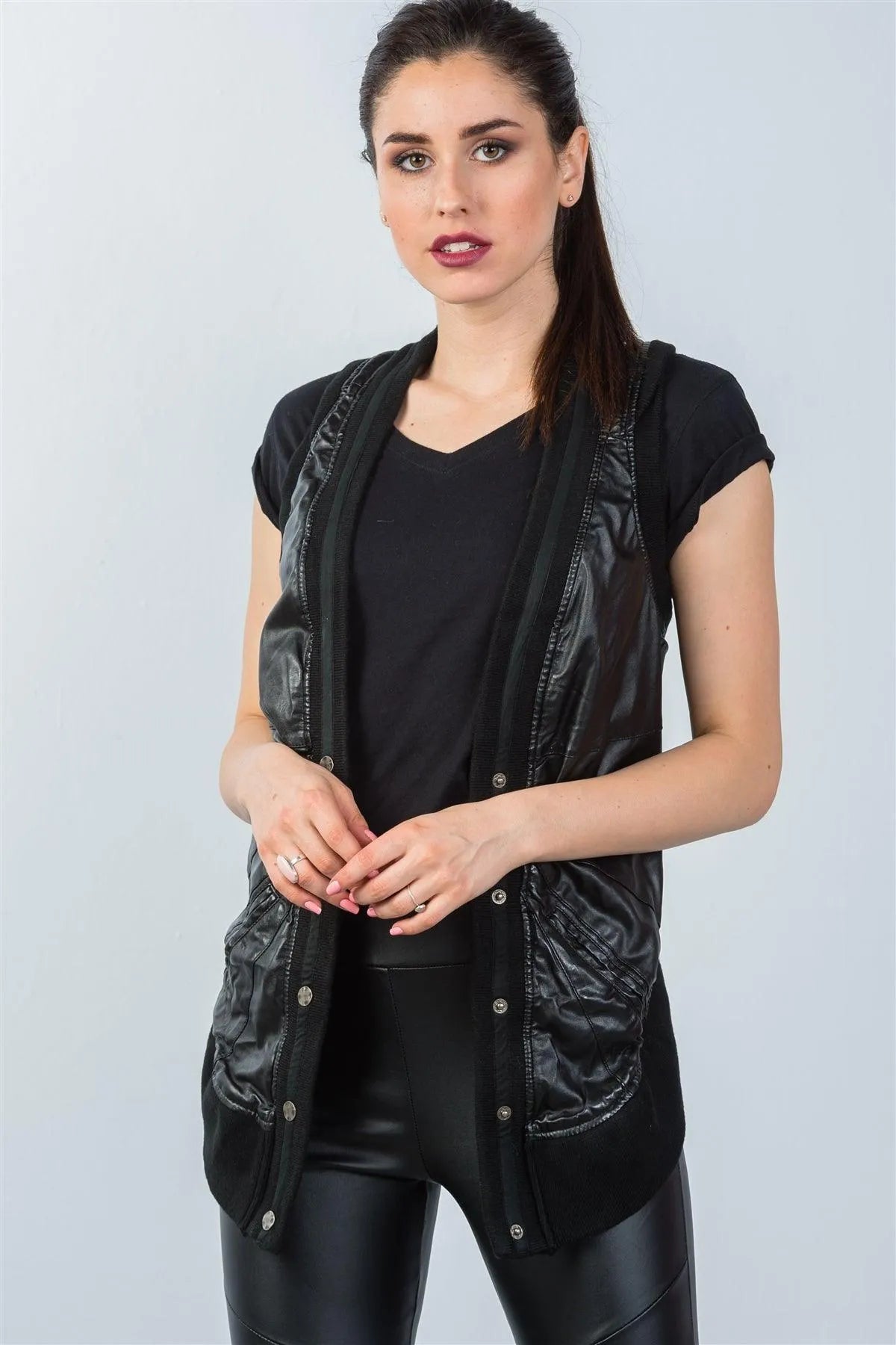 Black High Low Button Down Sleeveless Vest /2-2-2