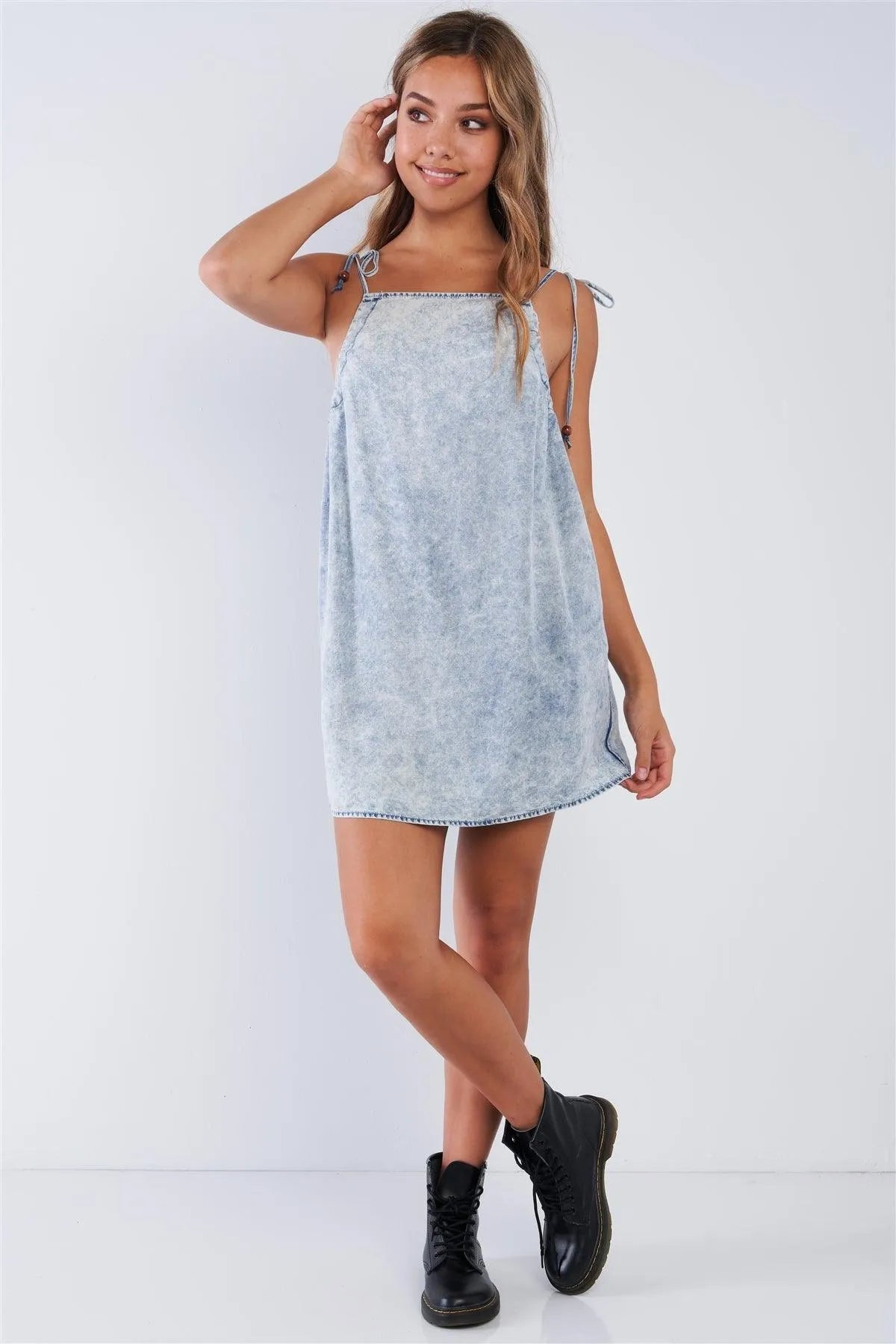 Acid Washed Denim Square Neck Mini Sun Dress