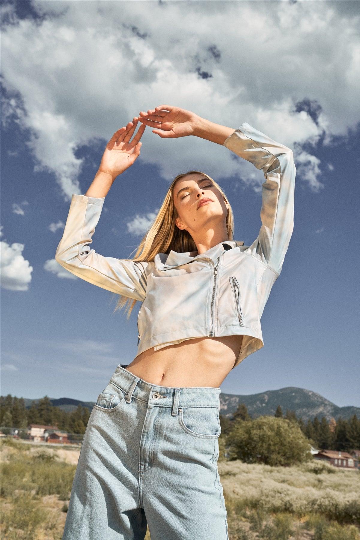 "Vanilla Sky" Light-Blue Vegan Leather Tie-Dye Print Long Sleeve Classic Bicker Jacket /3-2-1