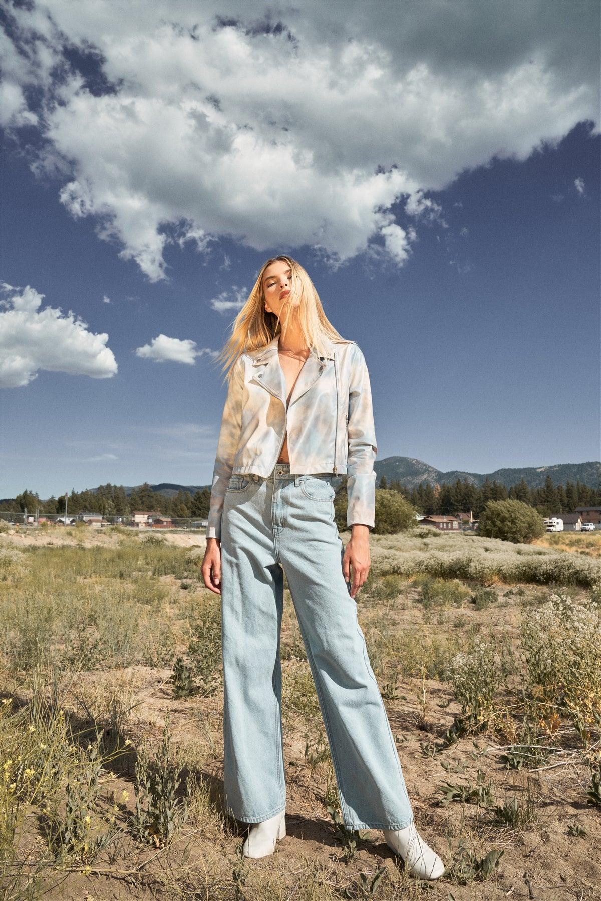 "Vanilla Sky" Light-Blue Vegan Leather Tie-Dye Print Long Sleeve Classic Bicker Jacket /3-2-1