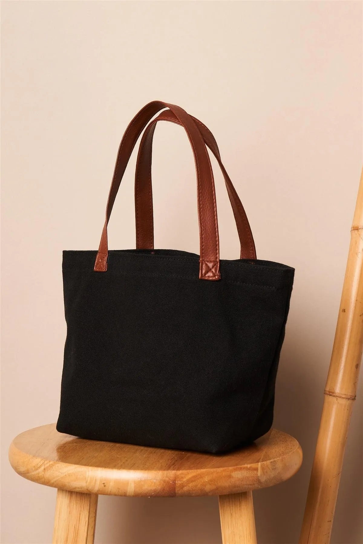 Black Chic Mini Tote Bag With Brown Leather Handles
