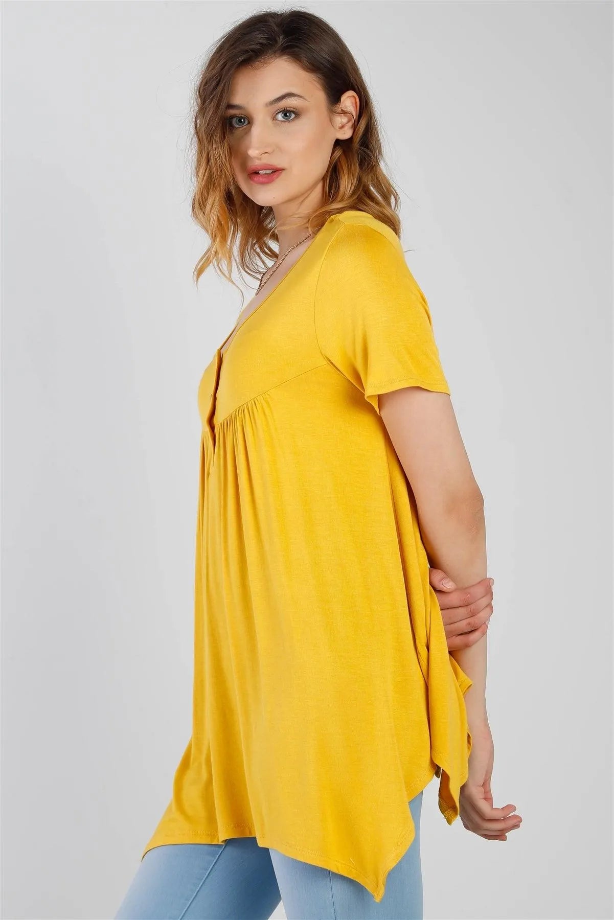 Ash Yellow Button Up Detail Handkerchief Hem Short Sleeve Top /1-2-2-1