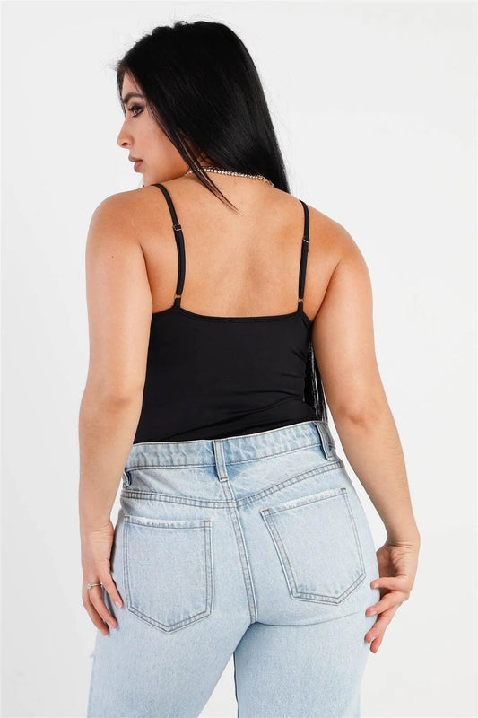 Black Front Mesh Detail Sleeveless Bodysuit /3-2-1