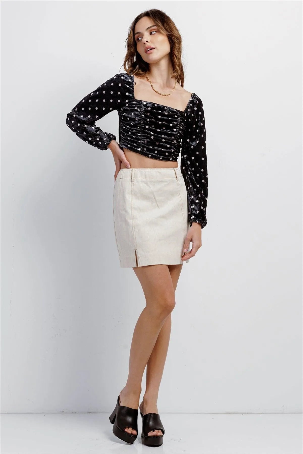 Black Cream Polka Dot Velvet Ruched Crop Top /4-2-1